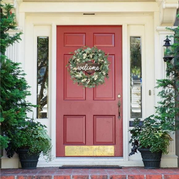 Green Artificial Eucalyptus Wreath with Welcome Sign 20in Spring Summer Wreath - Picture 2 of 7